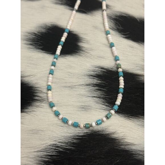 Native American Sterling Silver Navajo Pearl Pink Conch & Turquoise Necklace - Picture 4 of 9